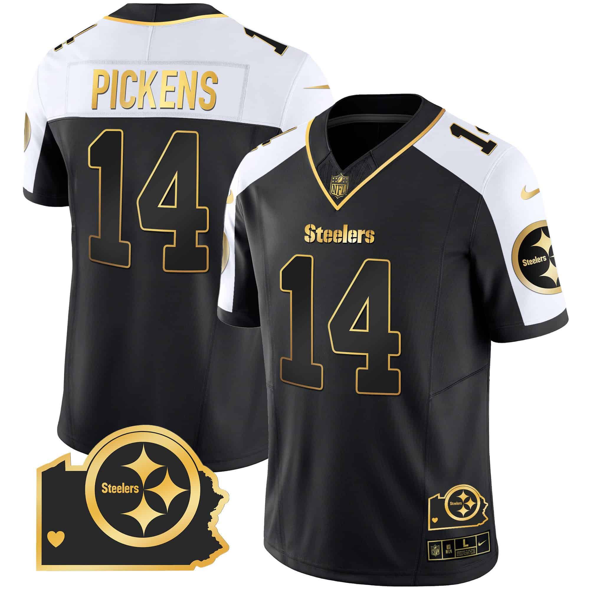 Men Pittsburgh Steelers #14 Pickens Black Gold 2024 Nike Home Patch Vapor Limited NFL Jersey